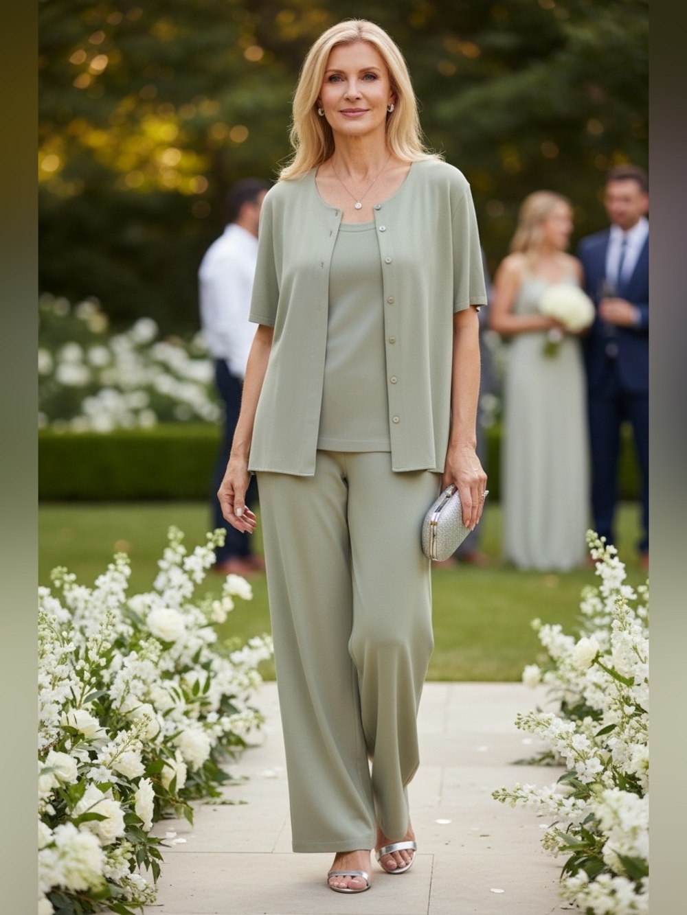 Elegant Sage Green Wide-Leg Silk Pants & Top Set - Womens